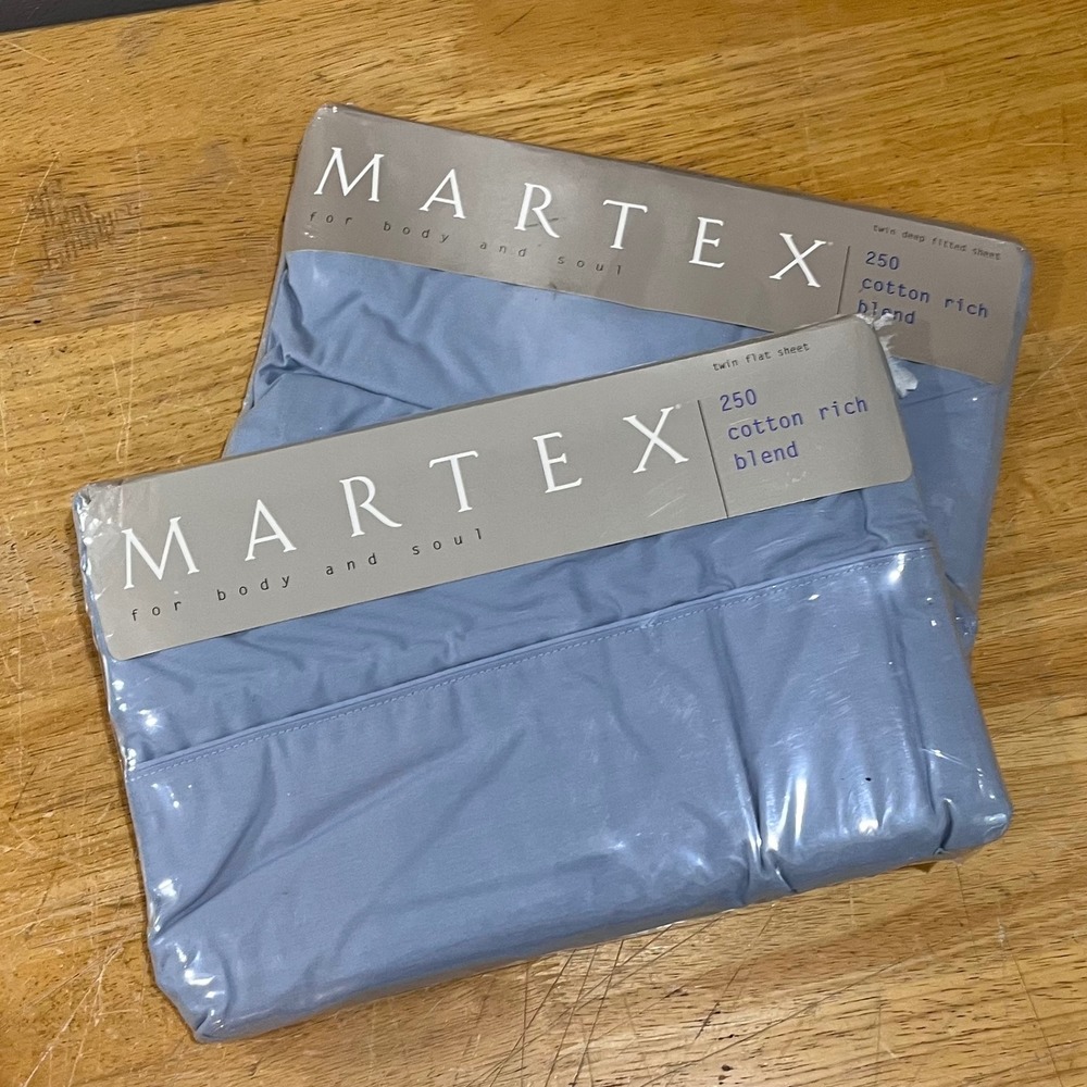 Martex Twin Sheet Set Light Blue 250 TC Cotton Blend Flat‎ & Deep Fitted Vtg Y2K